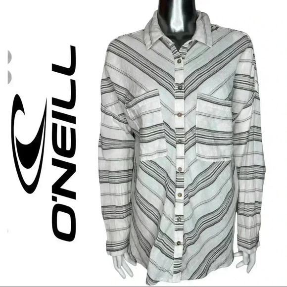 O’Neill Button Front Long Sleeve Stripe Top Grey White Size XS - Picture 1 of 6